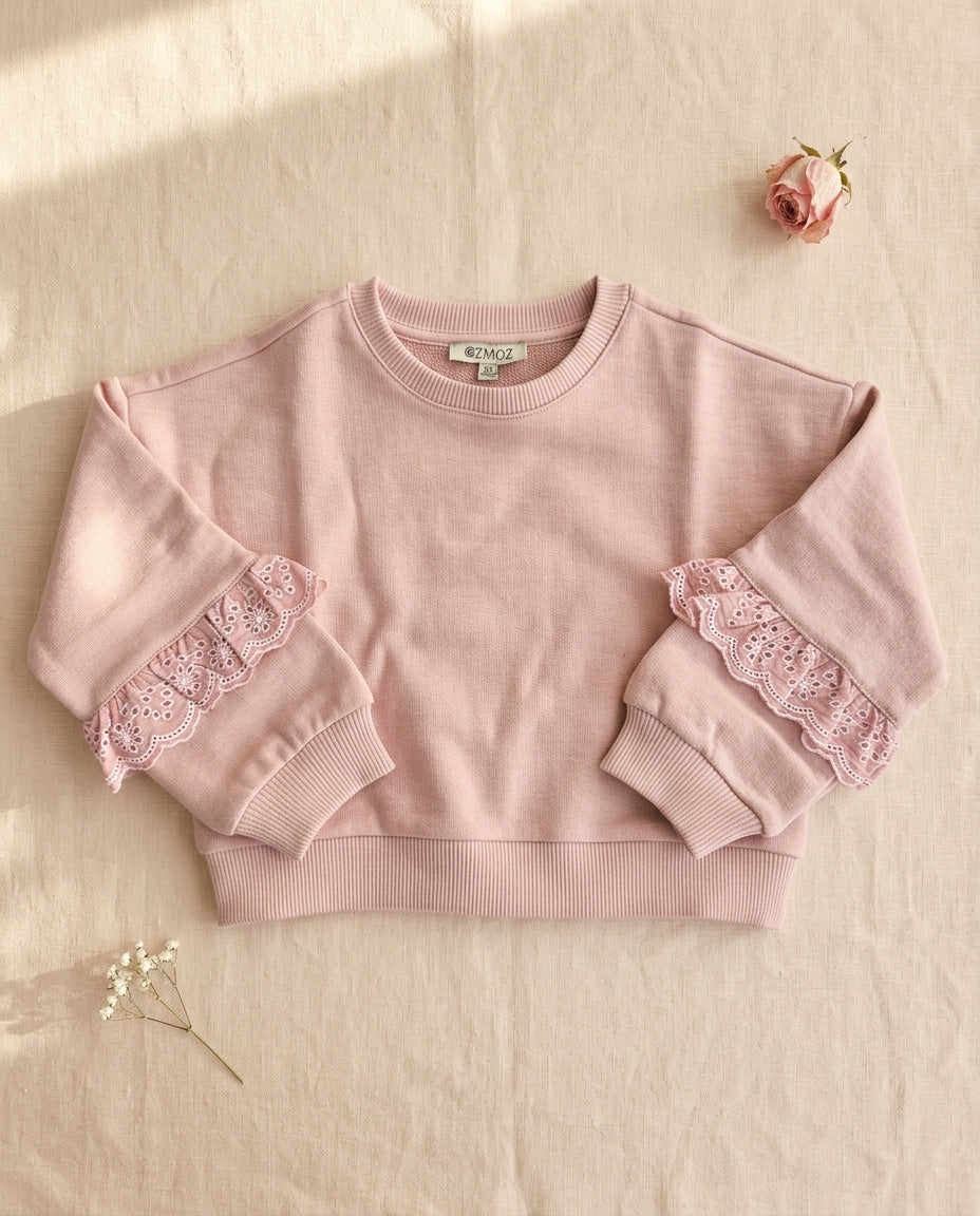 Ozmoz pudra pembe sweatshirt broderi dantel fırfır flat lay blush linen kız çocuk