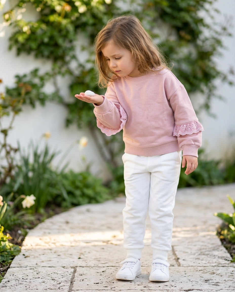 Ozmoz pudra sweatshirt beyaz eşofman çapraz kombin kız çocuk bahar dış mekan