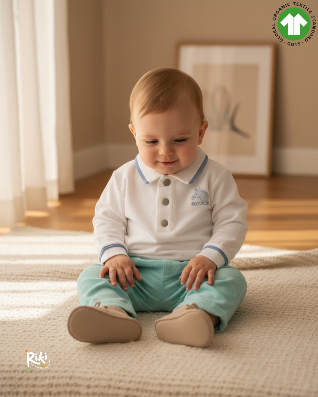 Crystal Baby Organik Pamuk  Polo Yaka Uzun Kollu Üst – Saf Beyaz