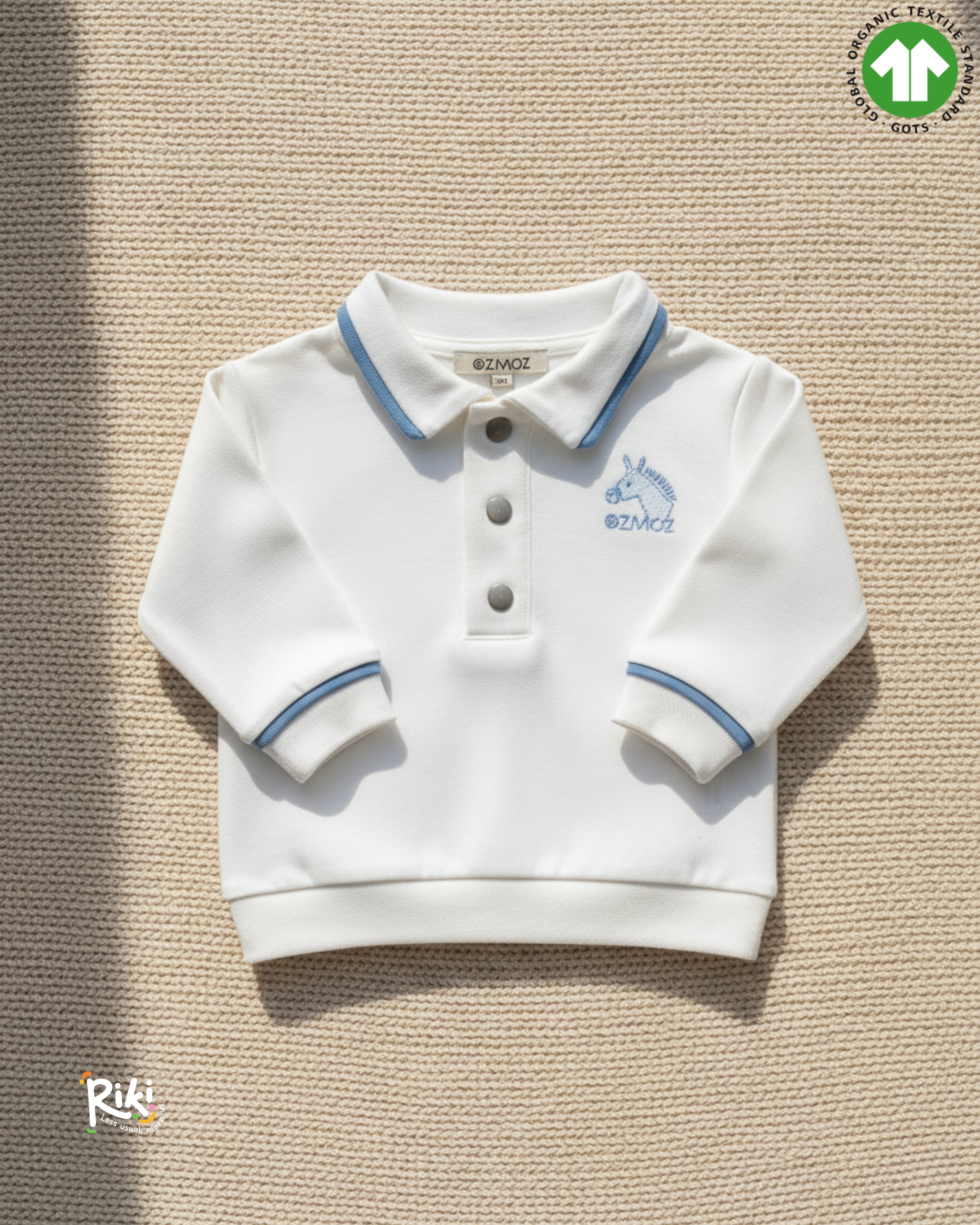 Crystal Baby Organik Pamuk  Polo Yaka Uzun Kollu Üst – Saf Beyaz