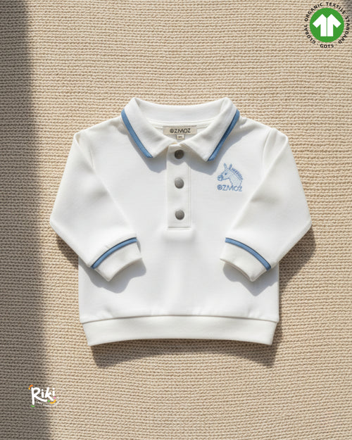 Crystal Baby Organik Pamuk  Polo Yaka Uzun Kollu Üst – Saf Beyaz