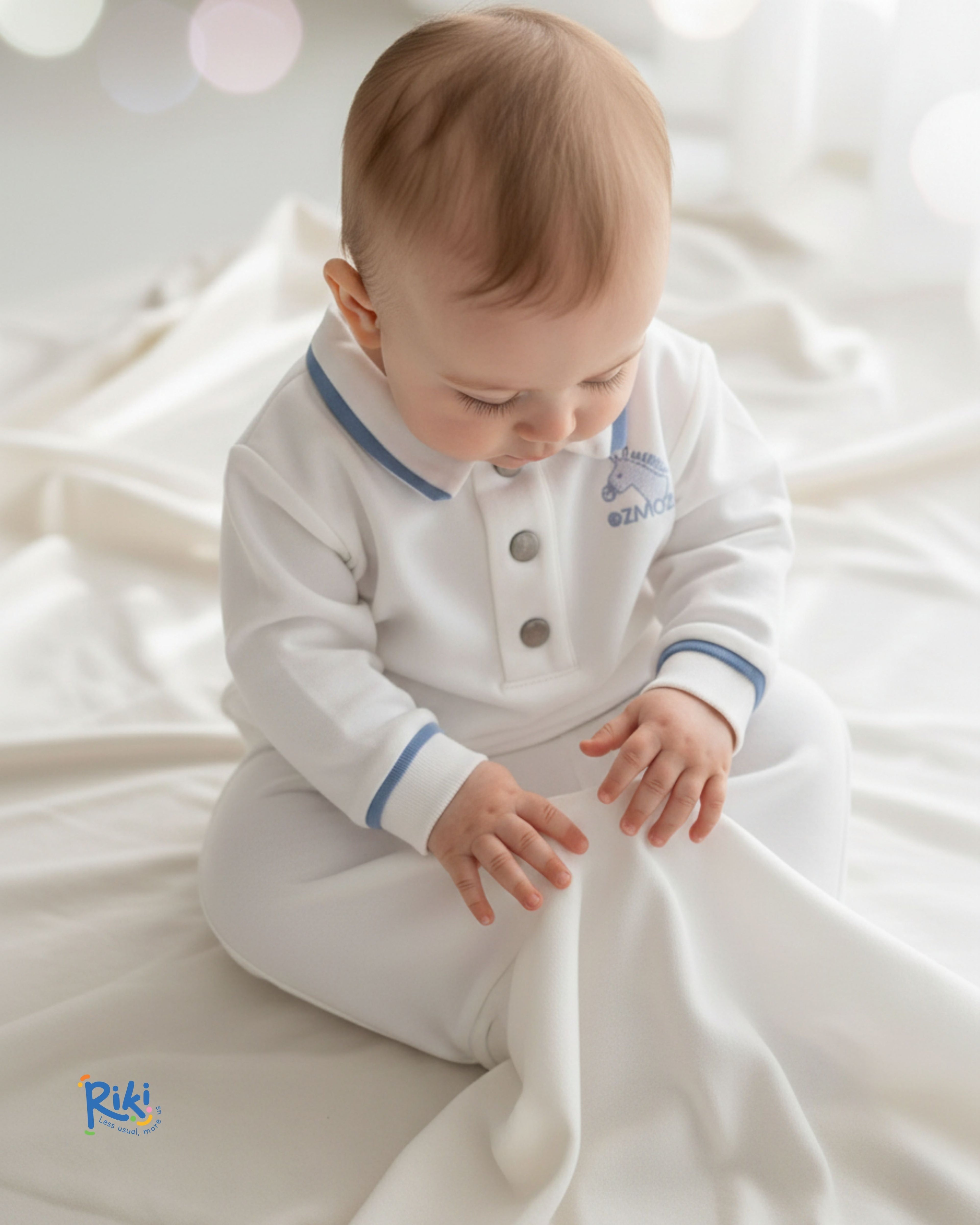 Crystal Baby Organik Pamuk  Polo Yaka Uzun Kollu Üst – Saf Beyaz