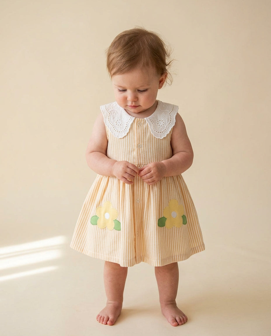 Kitikate organik sarı çizgili fisto yakalı papatya aplikeli kız bebek fifi elbise stüdyo