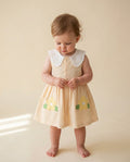 Kitikate organik sarı çizgili fisto yakalı papatya aplikeli kız bebek fifi elbise stüdyo
