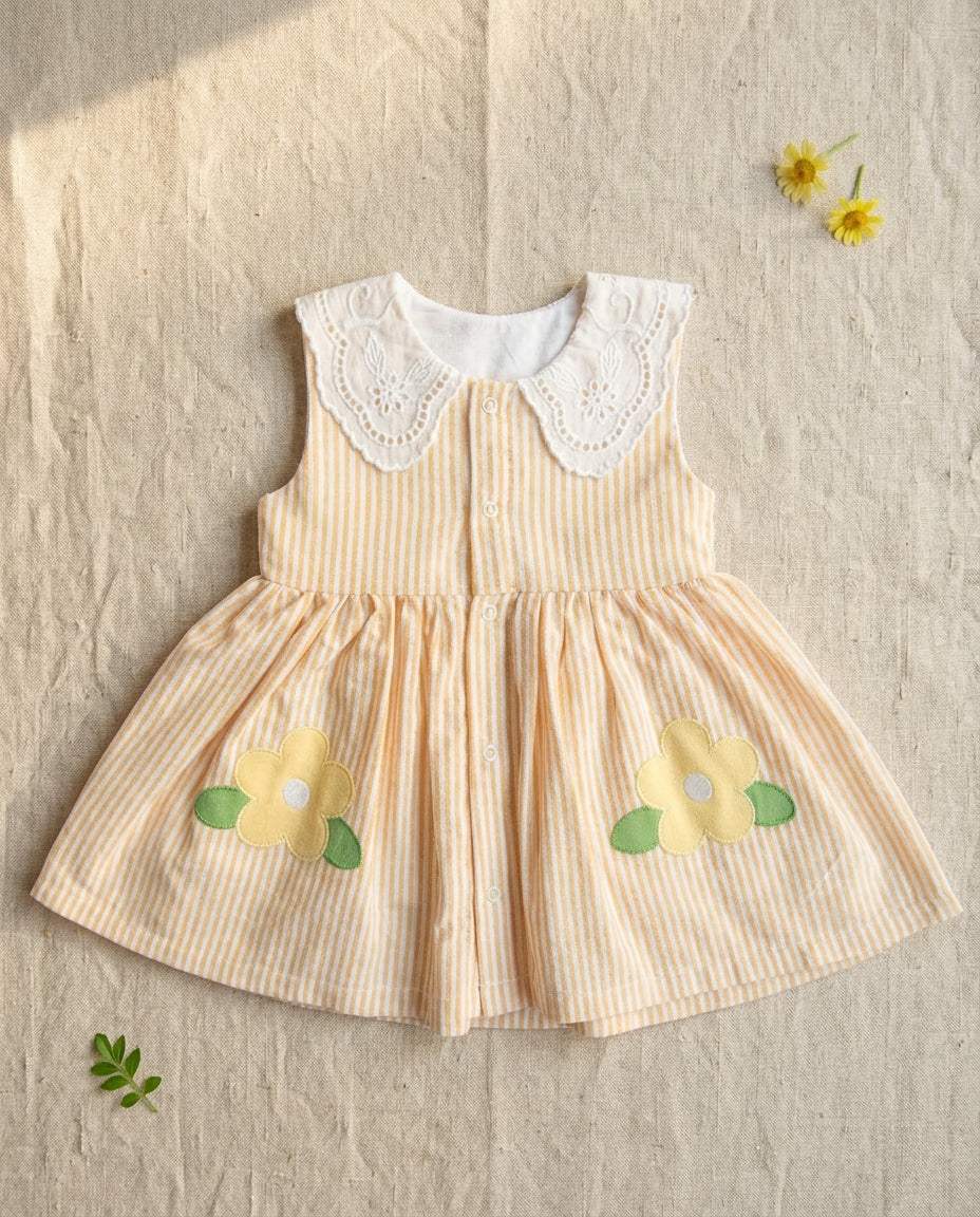 Kitikate sarı çizgili fifi elbise fisto yaka papatya aplike flat lay ekru linen organik