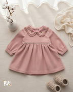 Crystal Baby İnce Fitilli Kadife Dantelli Nakışlı Kız Bebek Elbise - Rose Pink