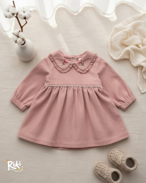 Crystal Baby İnce Fitilli Kadife Dantelli Nakışlı Kız Bebek Elbise - Rose Pink
