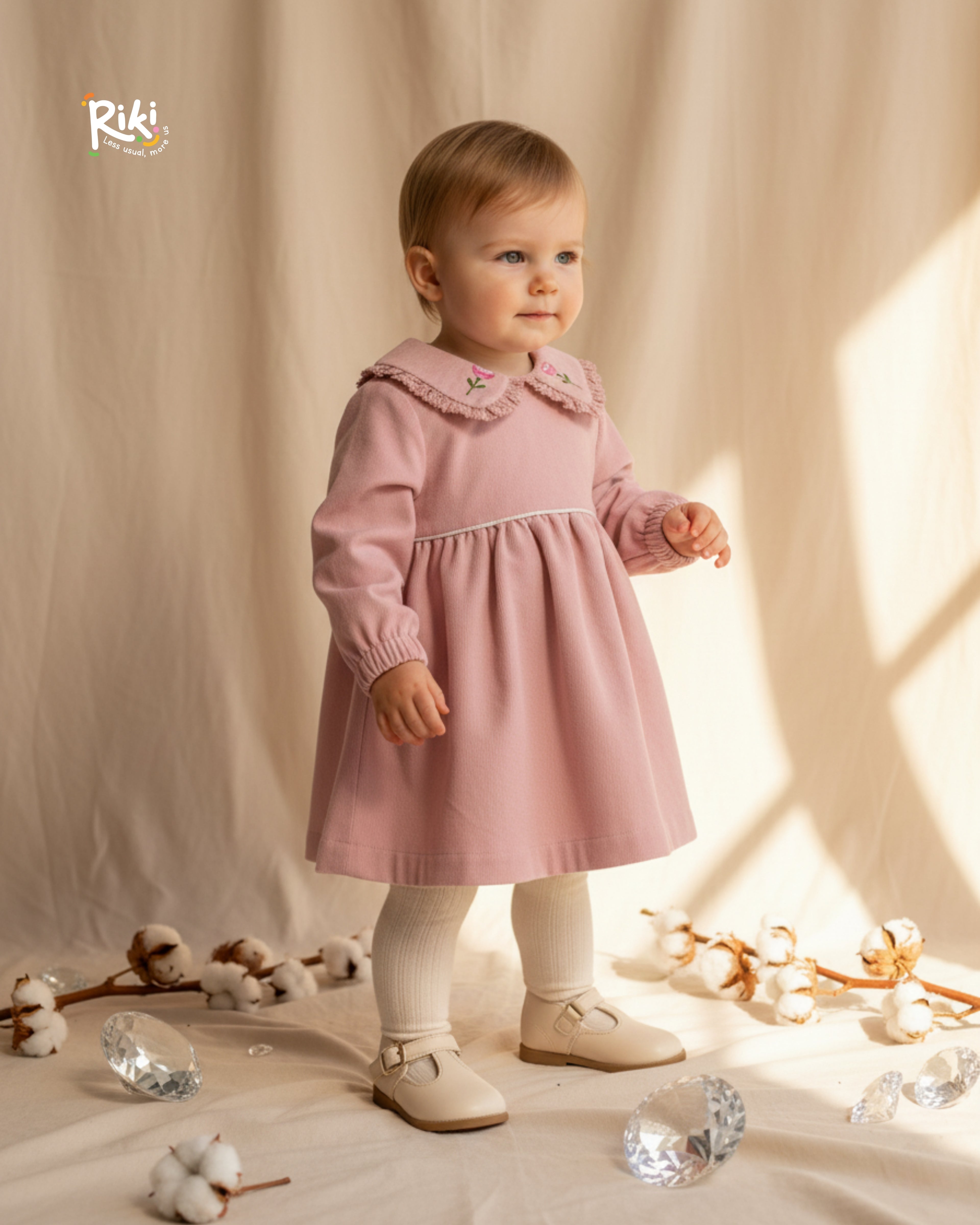 Crystal Baby İnce Fitilli Kadife Dantelli Nakışlı Kız Bebek Elbise