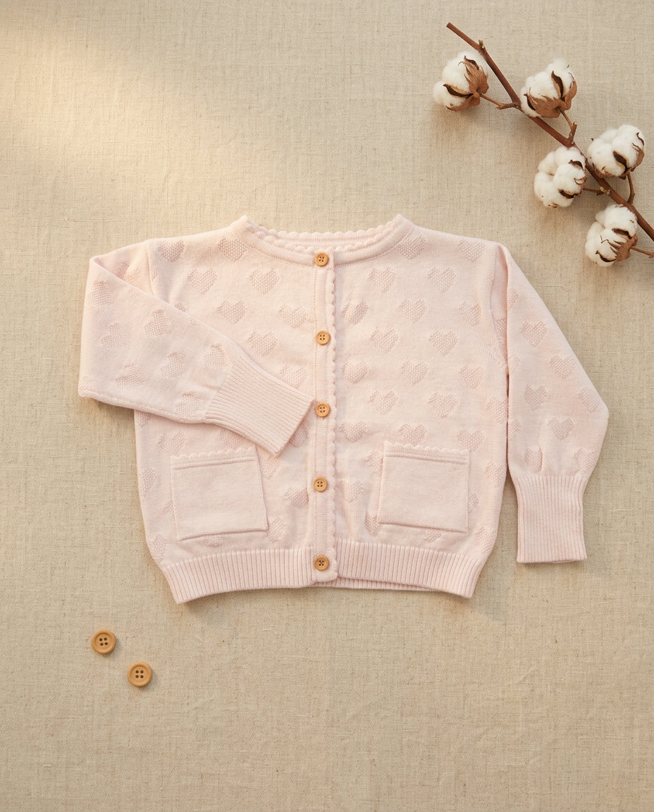 Ozmoz organik pembe hırka flat lay ekru linen kalp jakarlı kız bebek 3 ay 4 yaş