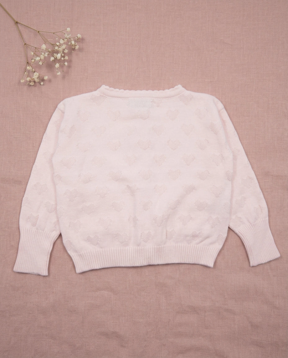 Ozmoz pembe kalp jakarlı organik hırka flat lay arka görünüm dusty rose linen