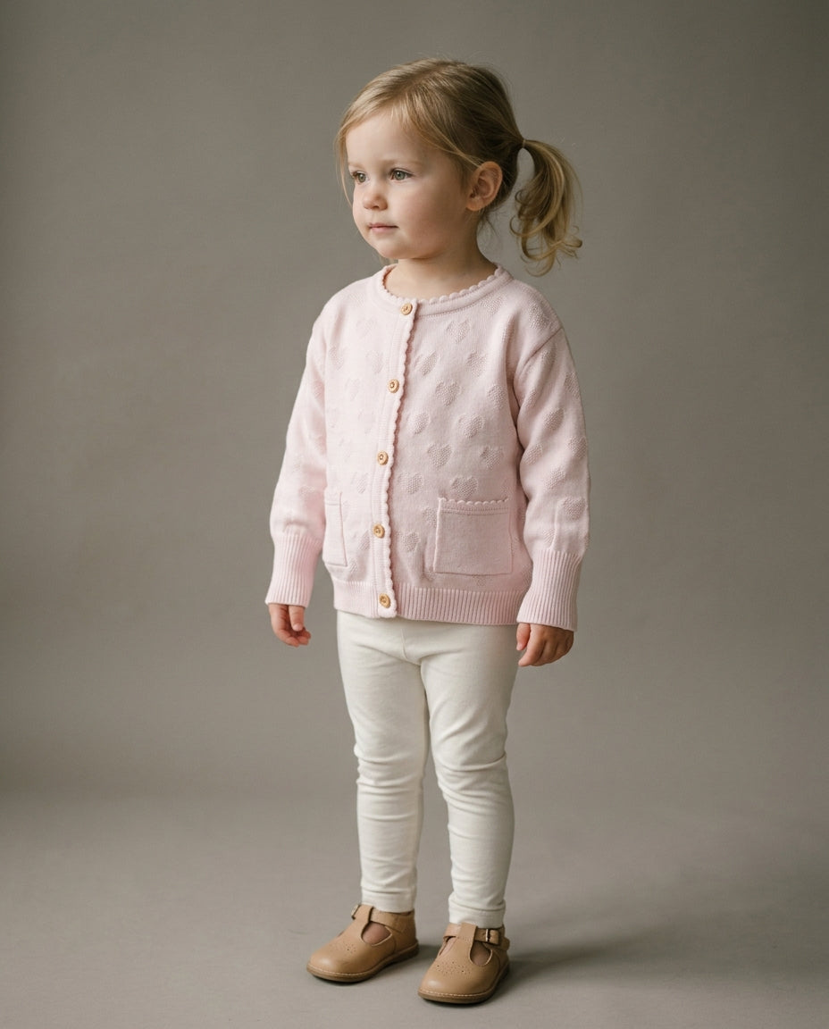 Ozmoz organik GOTS pembe kalp jakarlı kız bebek hırka açık 3/4 açı 3 ay 4 yaş