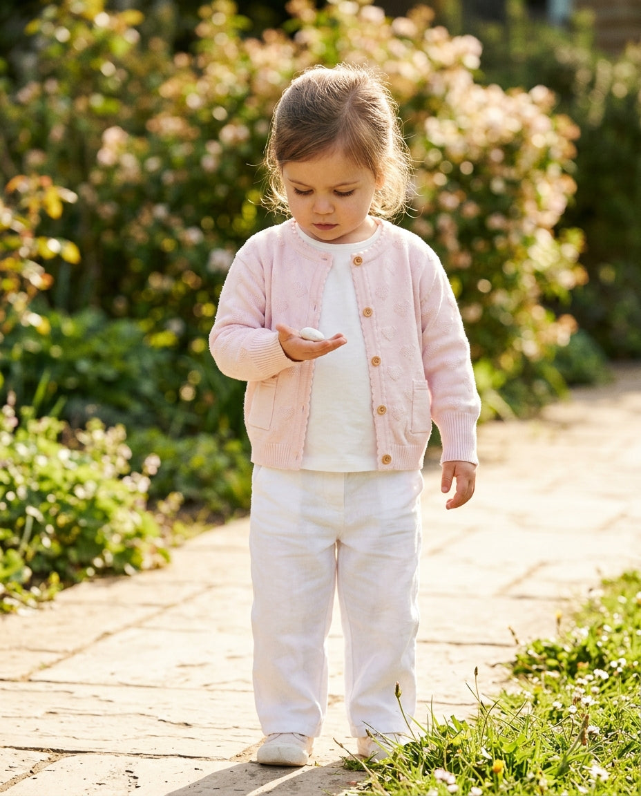Ozmoz organik pembe hırka kız bebek bahar park sabah ışığı dış mekan lifestyle