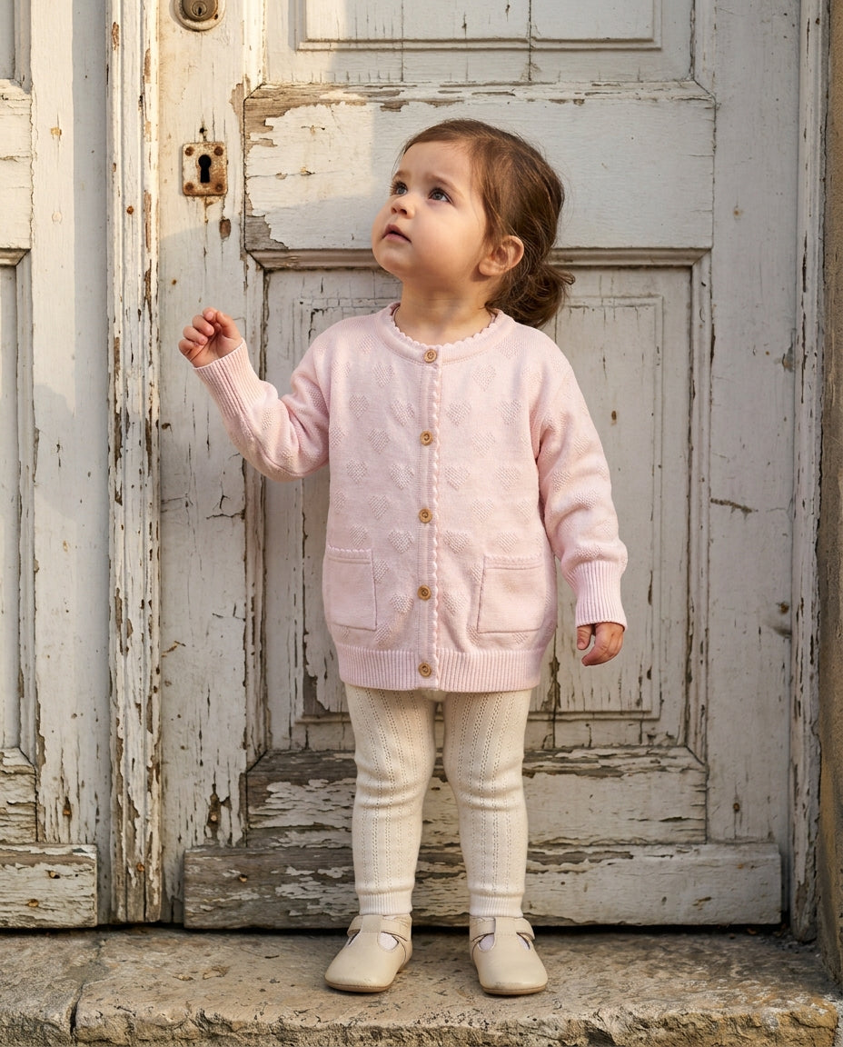 Ozmoz organik GOTS pembe kalp hırka kız bebek ahşap kapı bahar editorial lifestyle