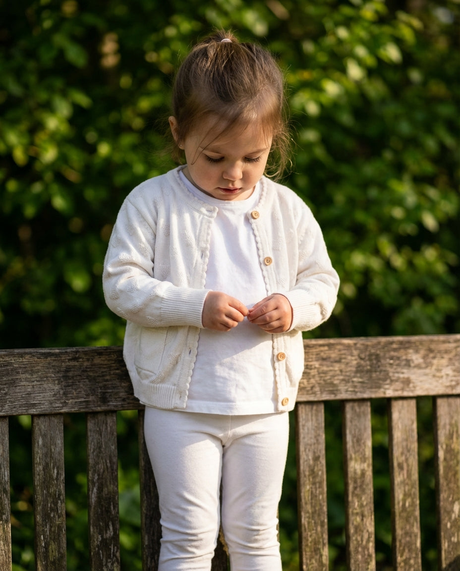 Ozmoz beyaz örgü hırka kız bebek ahşap bank bahar dış mekan doğa lifestyle