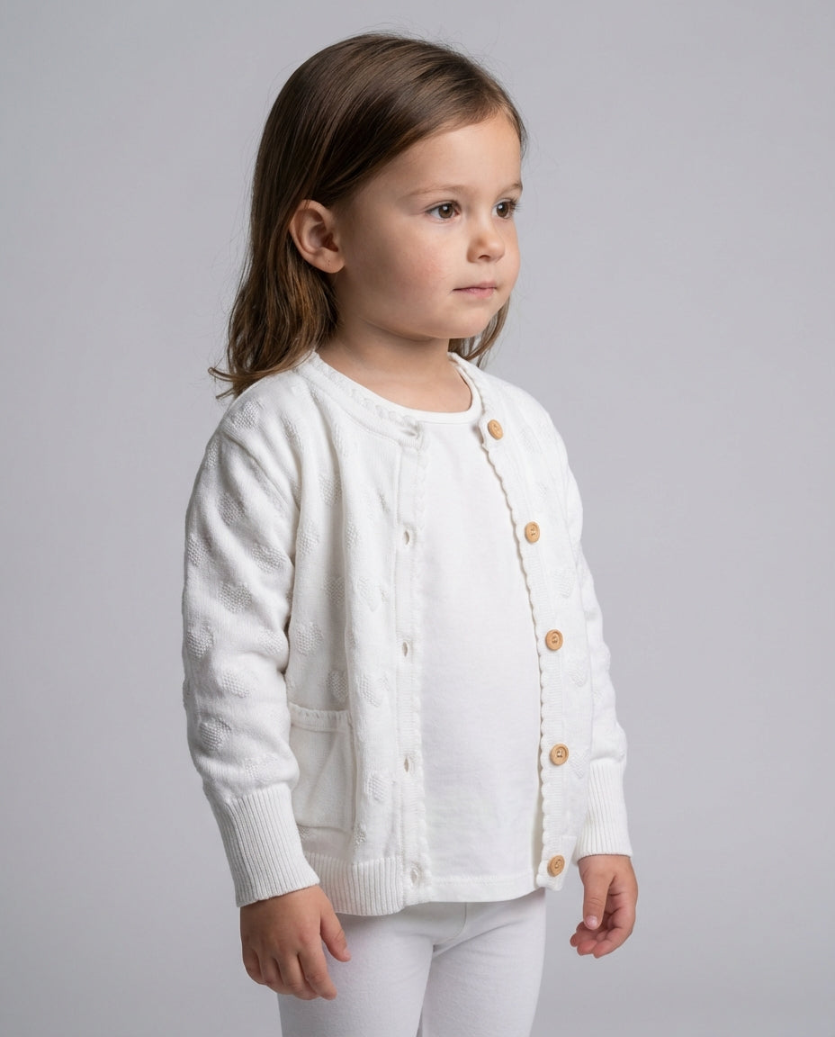 Ozmoz beyaz jakarlı örgü kız bebek hırka ahşap düğme 3 ay 4 yaş bahar