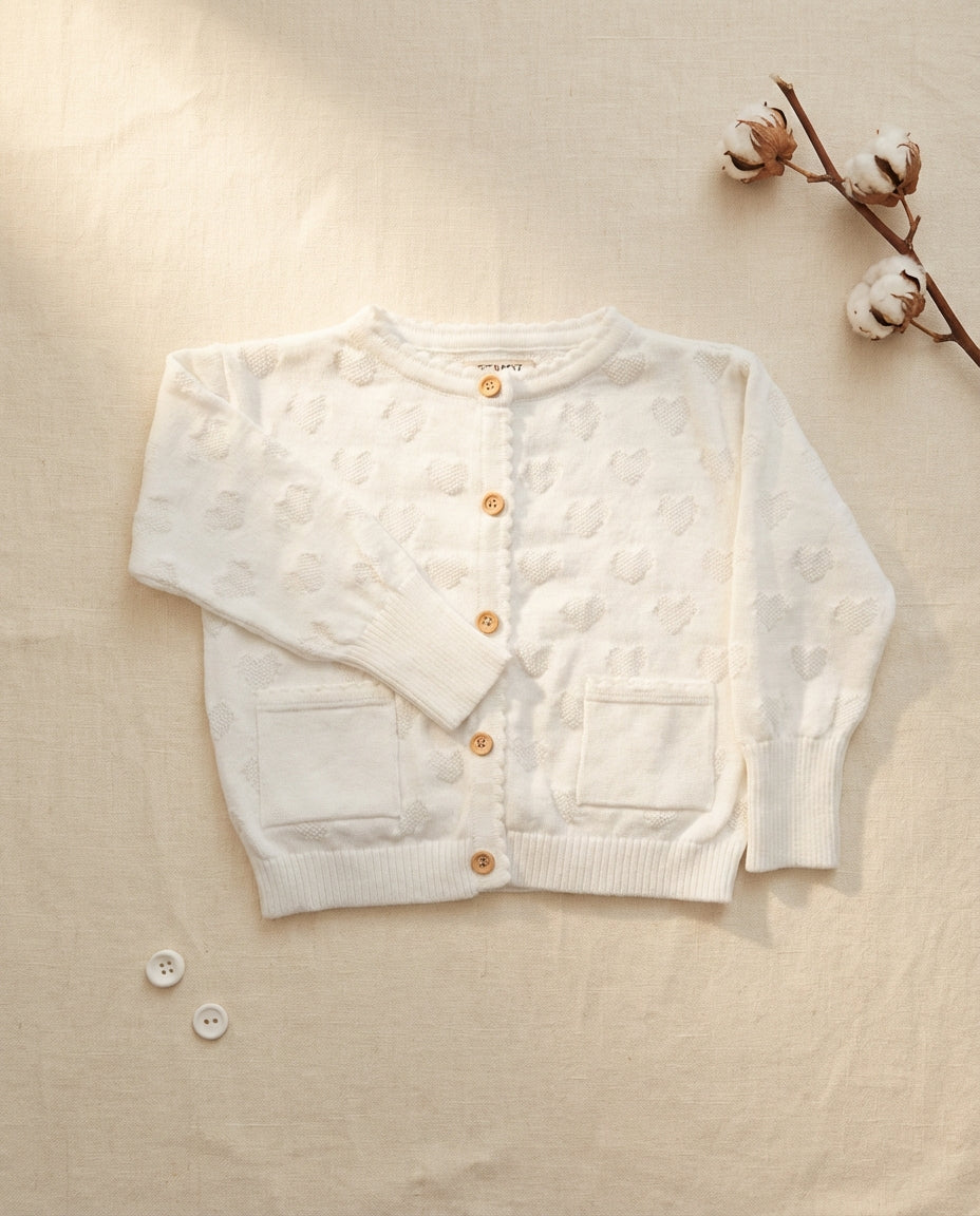 Ozmoz beyaz jakarlı hırka flat lay krem linen ön plan kız bebek 3 ay 4 yaş