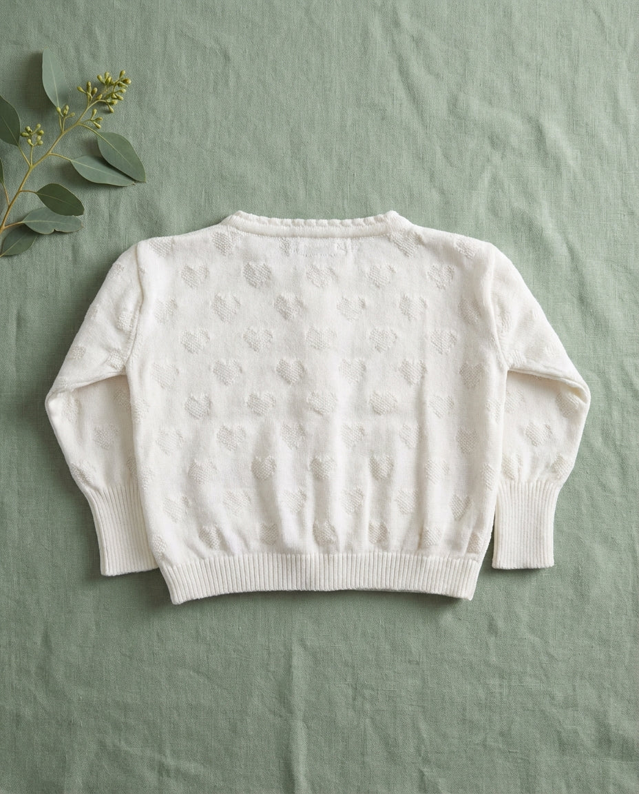 Ozmoz beyaz jakarlı hırka flat lay sage green arka plan örgü desen kız bebek