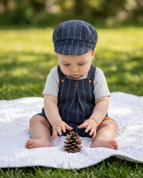 Kitikate lacivert çizgili şort salopet erkek bebek 6-12 ay battaniye çim kasket lifestyle