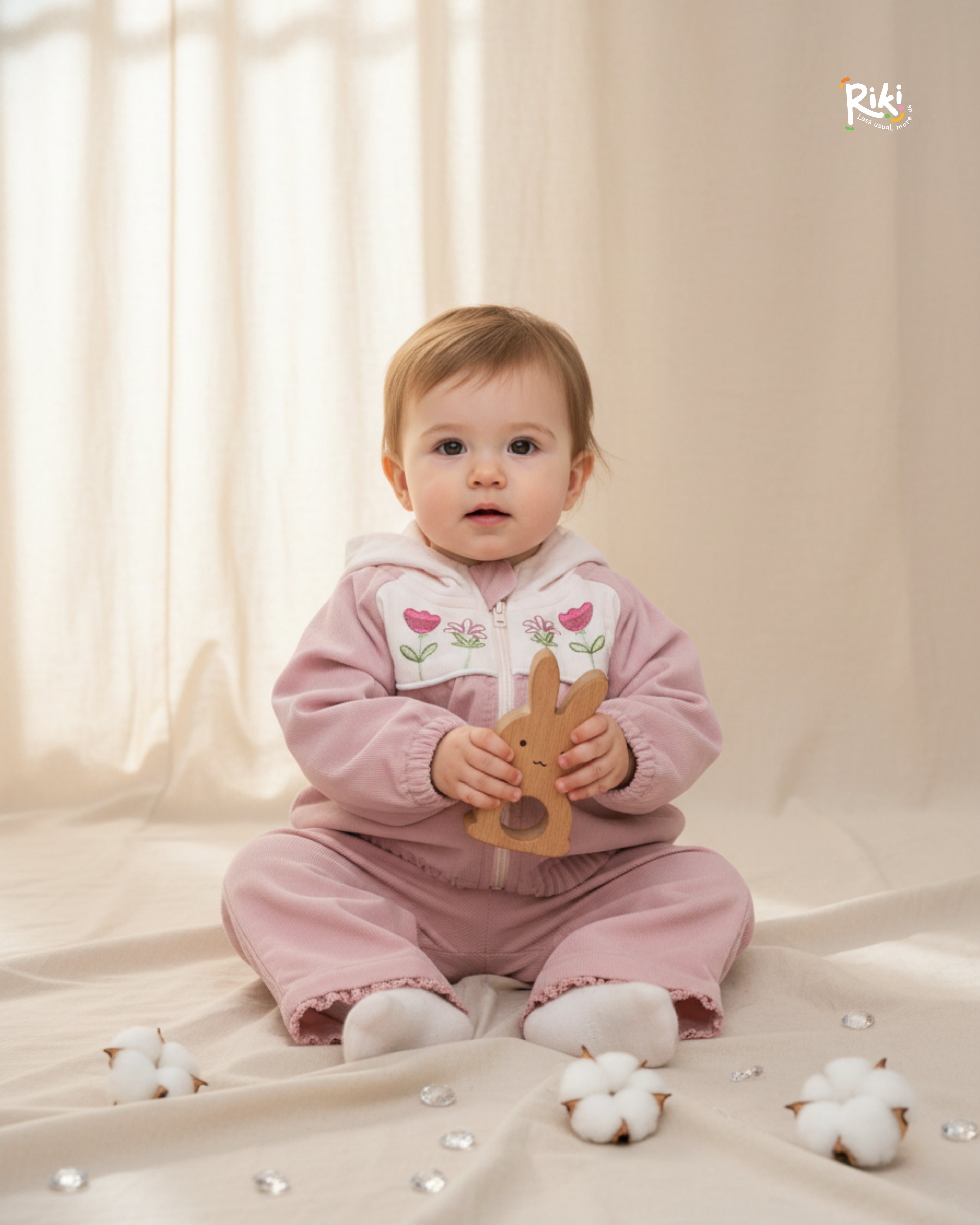 Crystal Baby İnce Fitilli Kadife Nakışlı Kapüşonlu Ceket – Pudra & Soft Rose