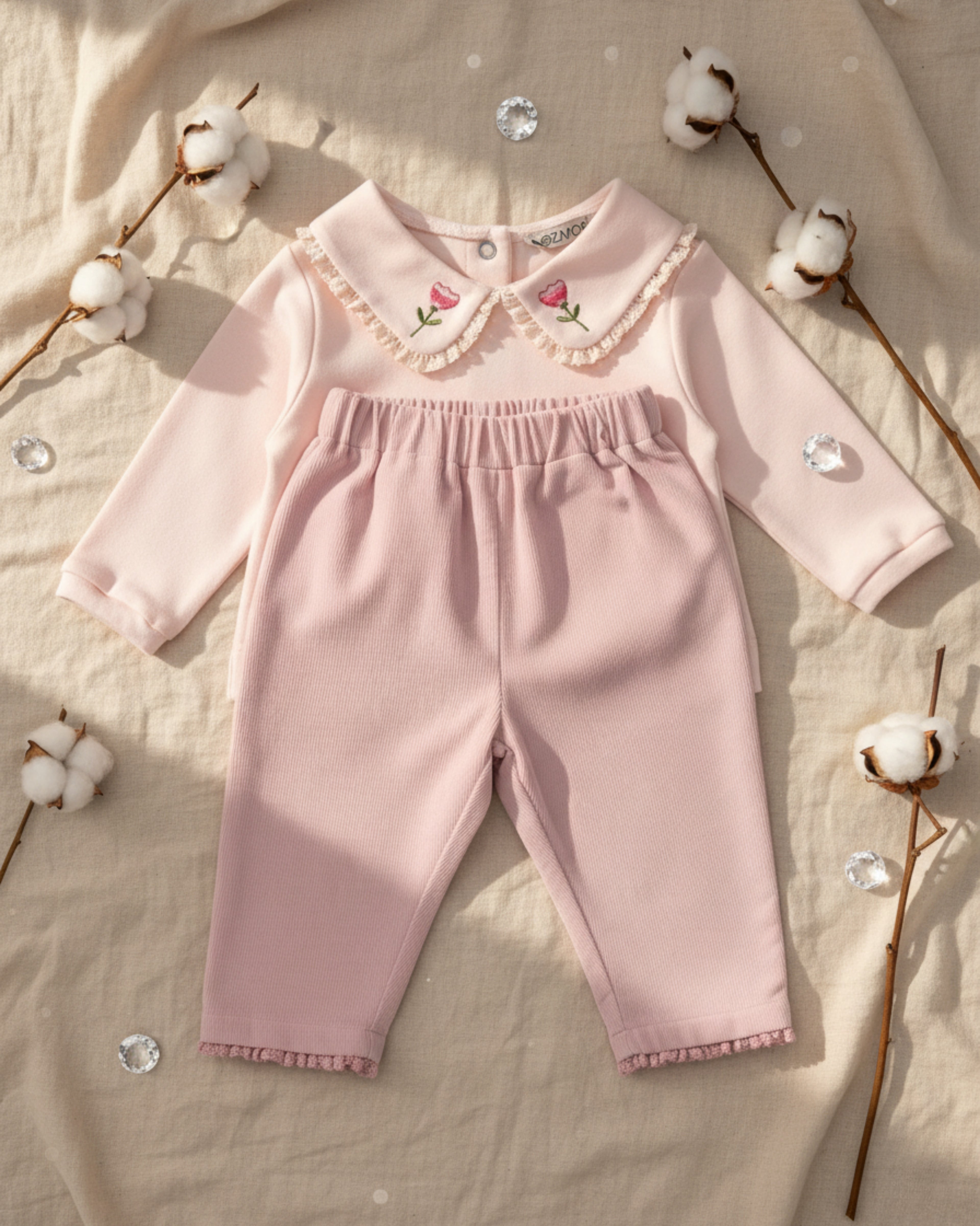 Crystal Baby İnce Fitilli Kadife Dantelli Paça Pantolon – Gül Kurusu