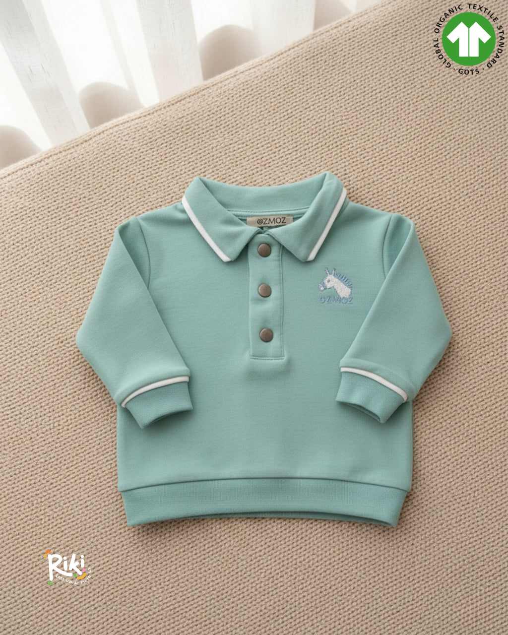 Crystal Baby Organik Pamuk Polo Yaka Uzun Kollu Üst – Eggshell Blue
