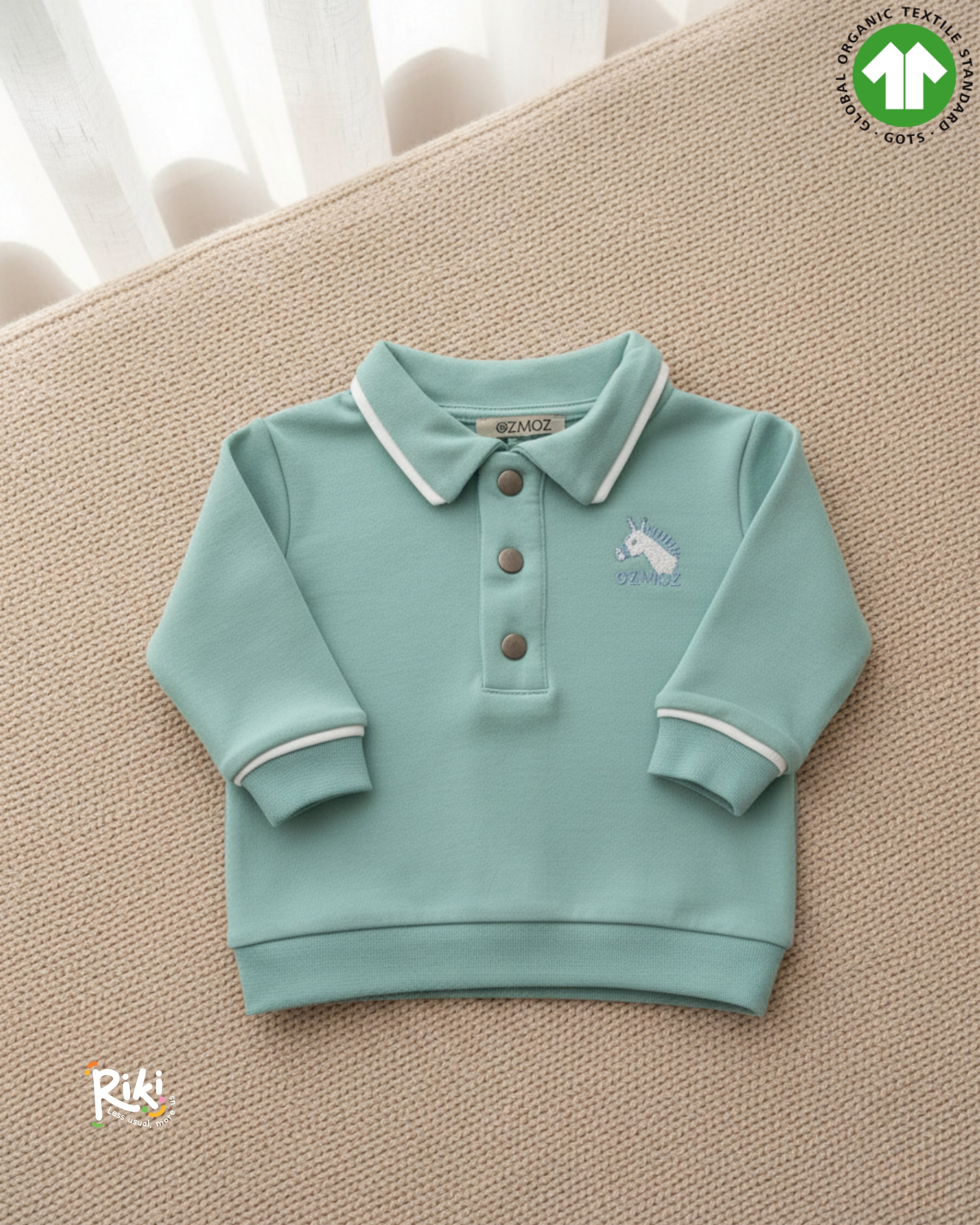 Crystal Baby Organik Pamuk Polo Yaka Uzun Kollu Üst – Eggshell Blue