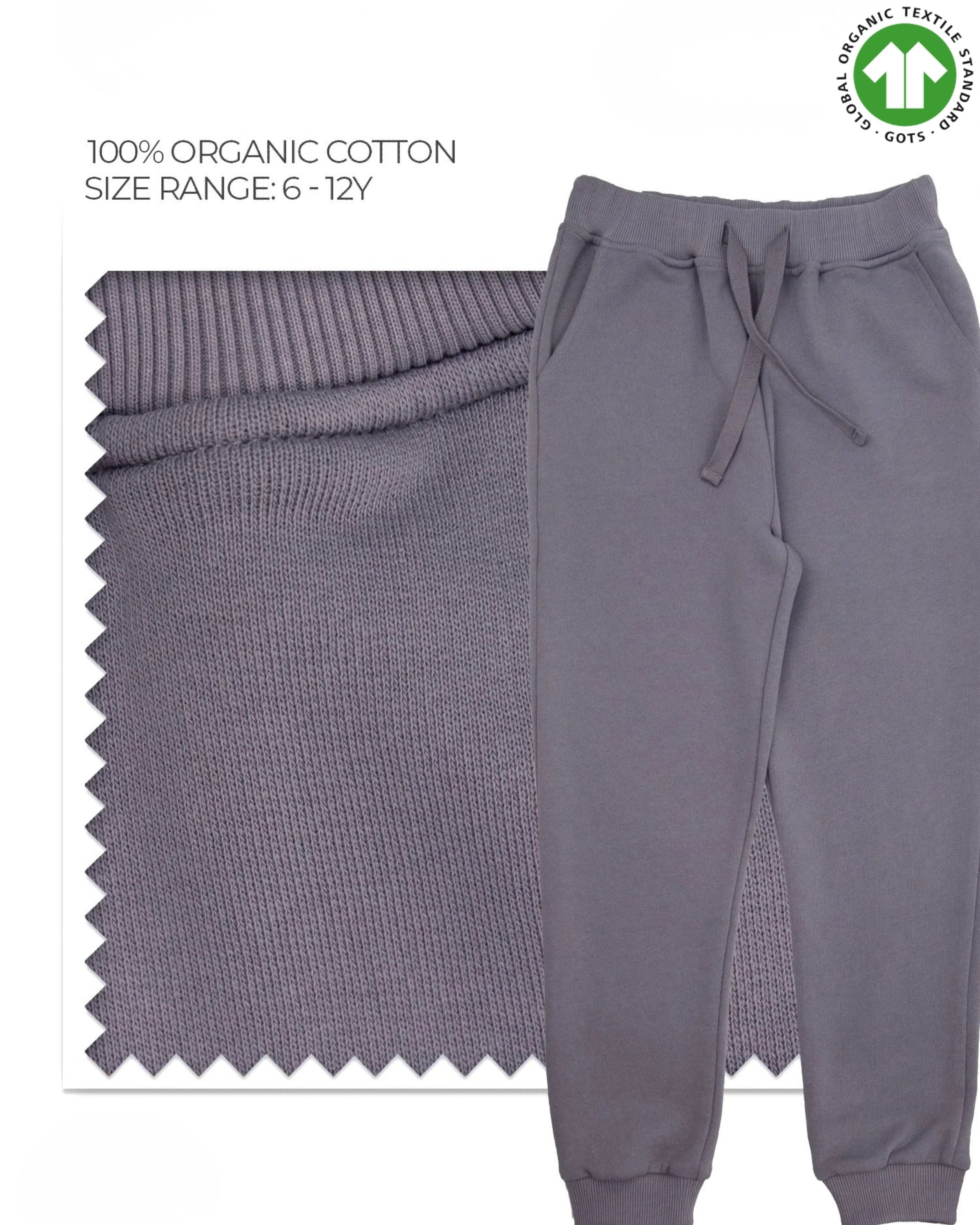 GOTS sertifikalı organik pamuk slate grey çocuk jogger pantolon kumaş detayı, 6-12 yaş %100 organik pamuk