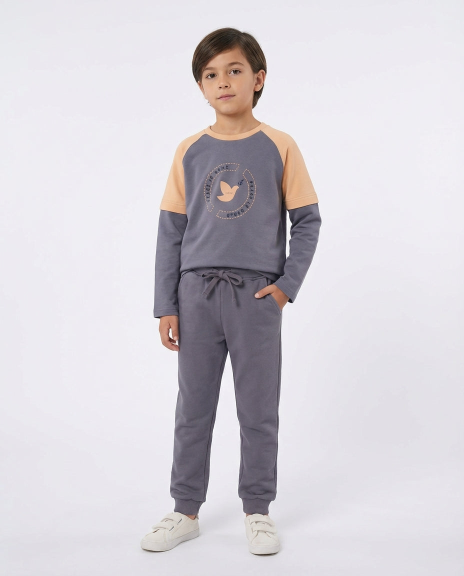 GOTS sertifikalı organik pamuk slate grey jogger pantolon raglan sweatshirt kombin erkek çocuk 6-12 yaş