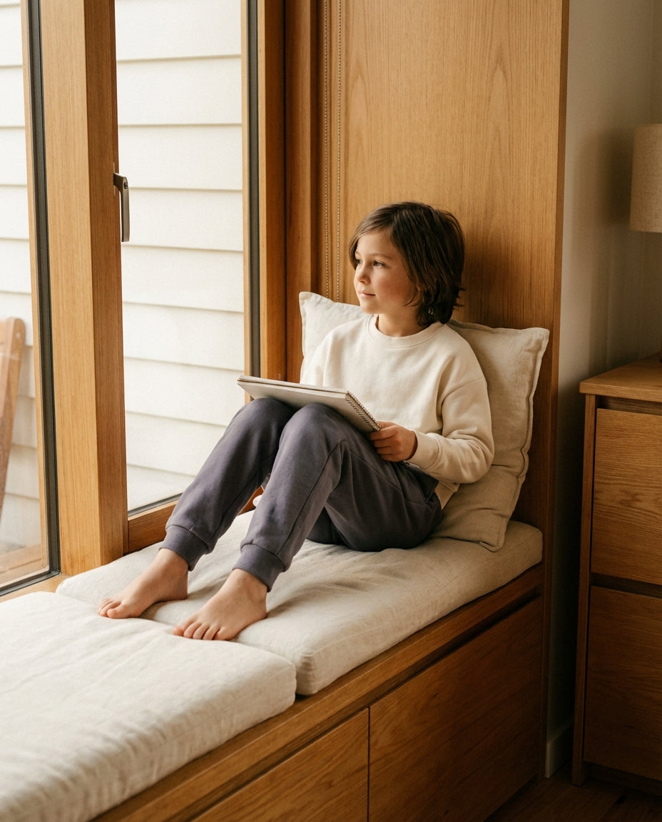 Organik pamuk slate grey çocuk jogger pantolon ev içi lifestyle çekim, pencere kenarı doğal ışık konfor anı