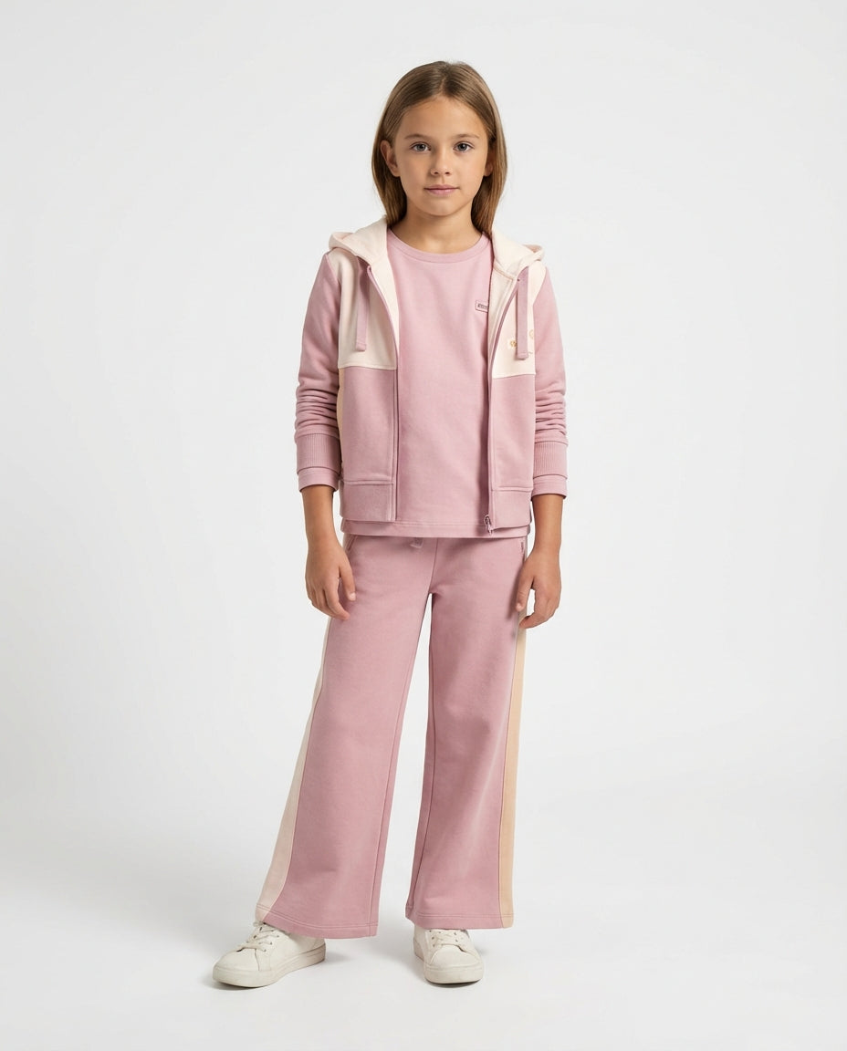 GOTS organik pamuk dusty pink kız çocuk sweatshirt hoodie wide-leg pantolon tonal kombin set 6-12 yaş