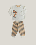 Kitikate organik GOTS kuş baskılı ekru üst kahverengi ekose pantolon bebek pijama stüdyo