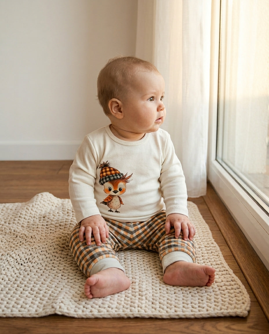 Kitikate organik kuş baskılı kahverengi ekose bebek pijama takımı 6-12 ay pencere sabah