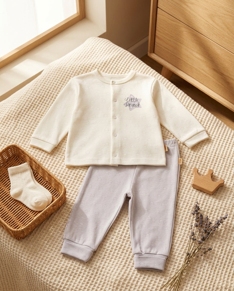 Waffle battaniye üzerinde önden boydan çıtçıtlı Little Prince organik bebek takımı, rattan sepet ve ahşap aksesuarlı premium sunum