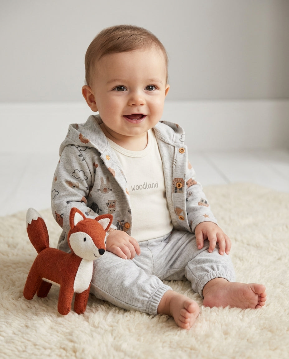 Organik Pamuklu Woodland Kapüşonlu Hırkalı 3'lü Bebek Takımı - Gri Melanj