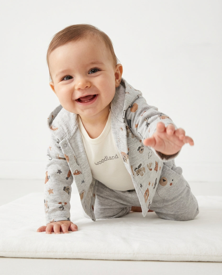 Organik Pamuklu Woodland Kapüşonlu Hırkalı 3'lü Bebek Takımı - Gri Melanj