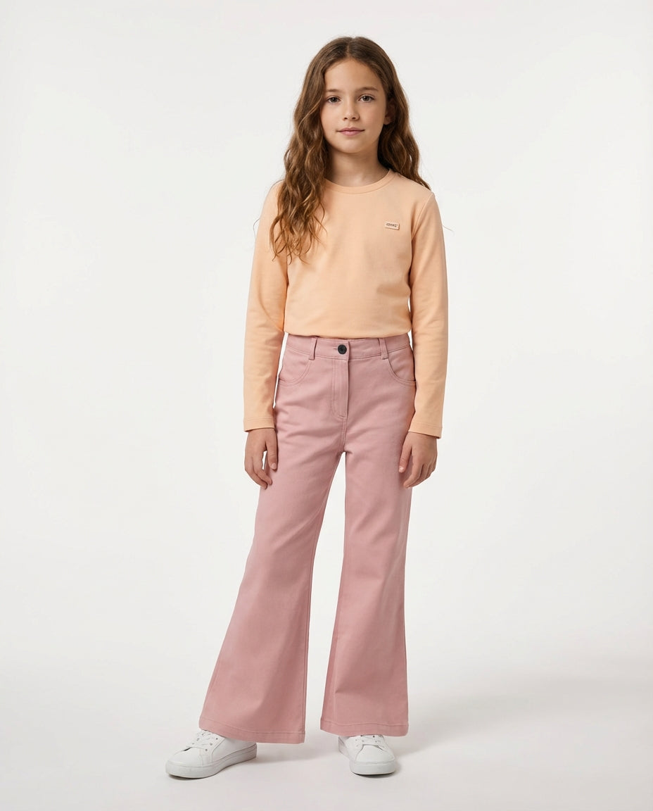 GOTS organik pamuk yavruağzı peach kız çocuk sweatshirt dusty pink flare pantolon tonal kombin 6-12 yaş