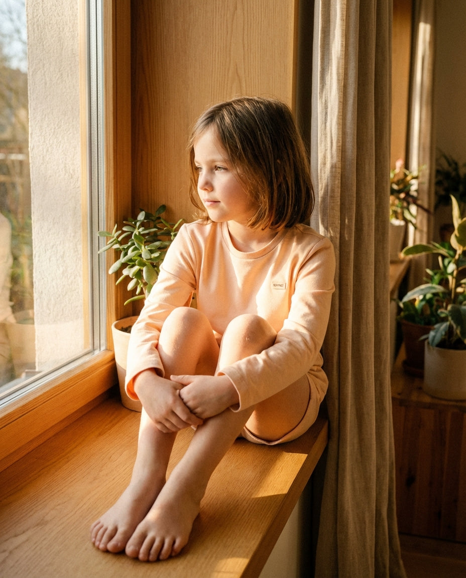 Organik pamuk yavruağzı peach kız çocuk sweatshirt ev içi lifestyle pencere kenarı doğal ışık konfor anı