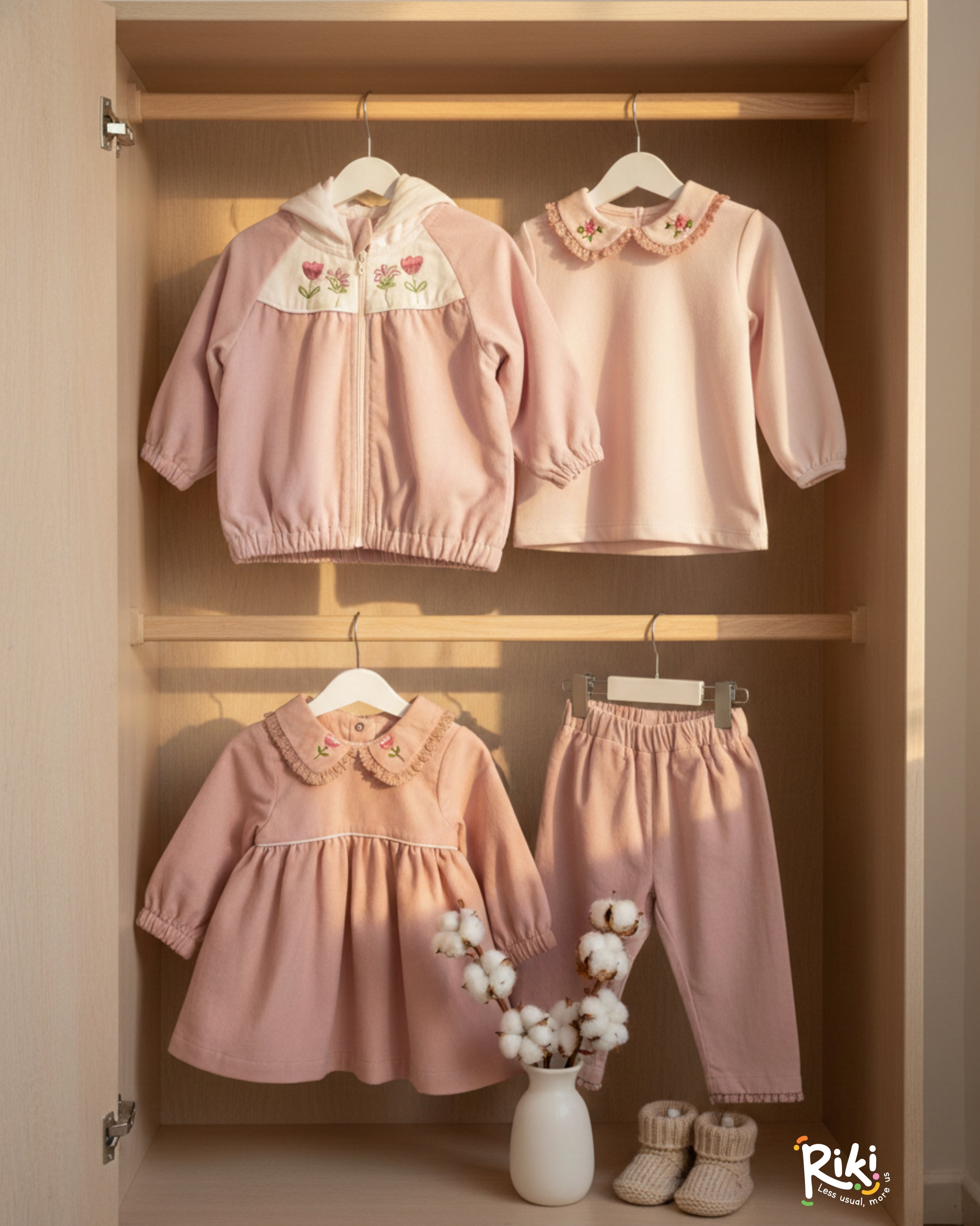 Crystal Baby İnce Fitilli Kadife Nakışlı Kapüşonlu Ceket – Pudra & Soft Rose