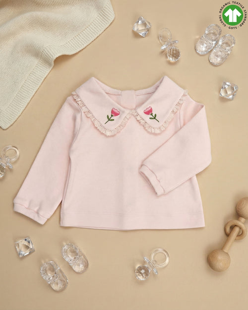 Crystal Baby açık pembe dantel yakalı bebek üst, önden görünüm: lale nakışlı yaka