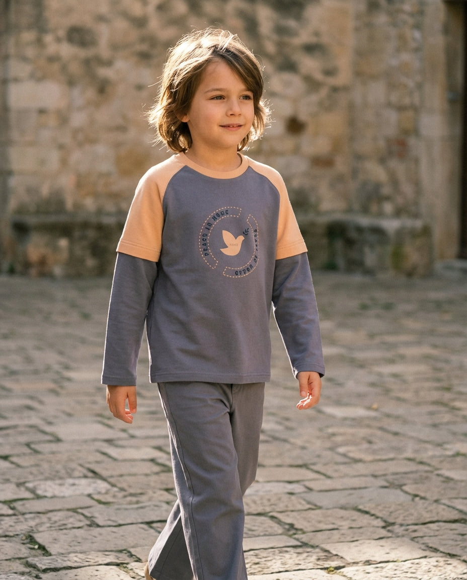 GOTS sertifikalı organik pamuk iki renkli raglan sweatshirt slate grey peach erkek çocuk 5-12 yaş lifestyle