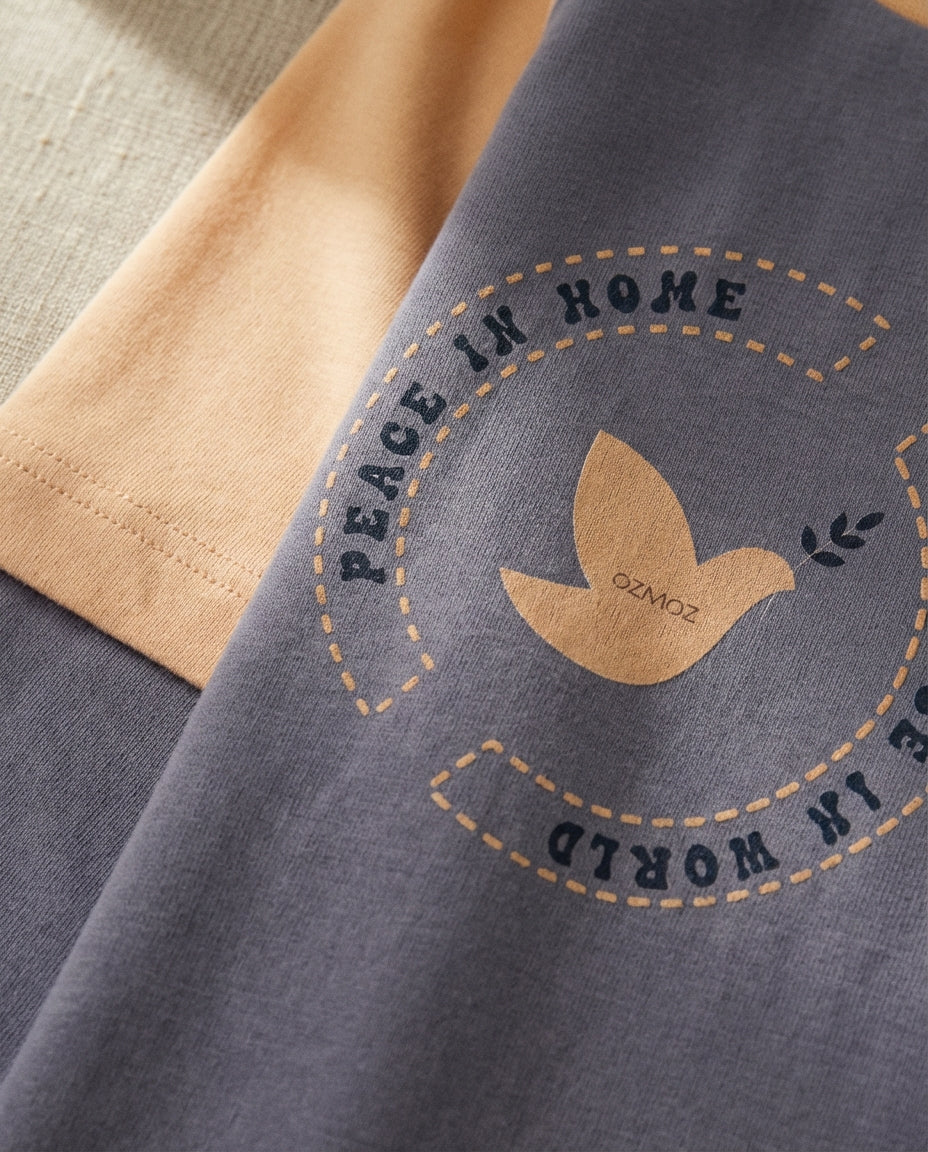 Organik pamuk raglan sweatshirt Peace in Home Peace in World güvercin baskı detayı, renk blok raglan dikiş