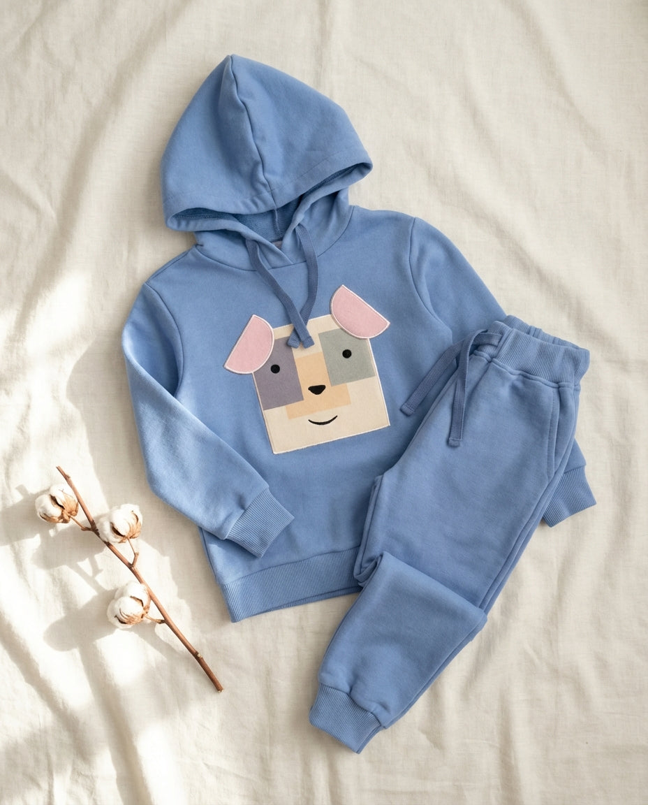 %100 organik pamuk mavi unisex çocuk eşofman takımı önden görünüm