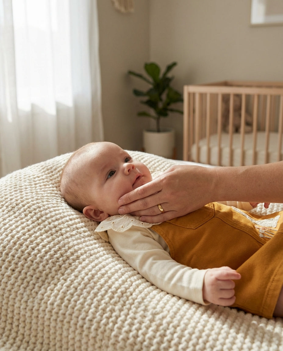 Organik pamuklu hardal rengi Nunu bebek jile takımı giyen 3-6 aylık kız bebek, şefkatli anne eli ve yumuşak triko battaniye detayı.
