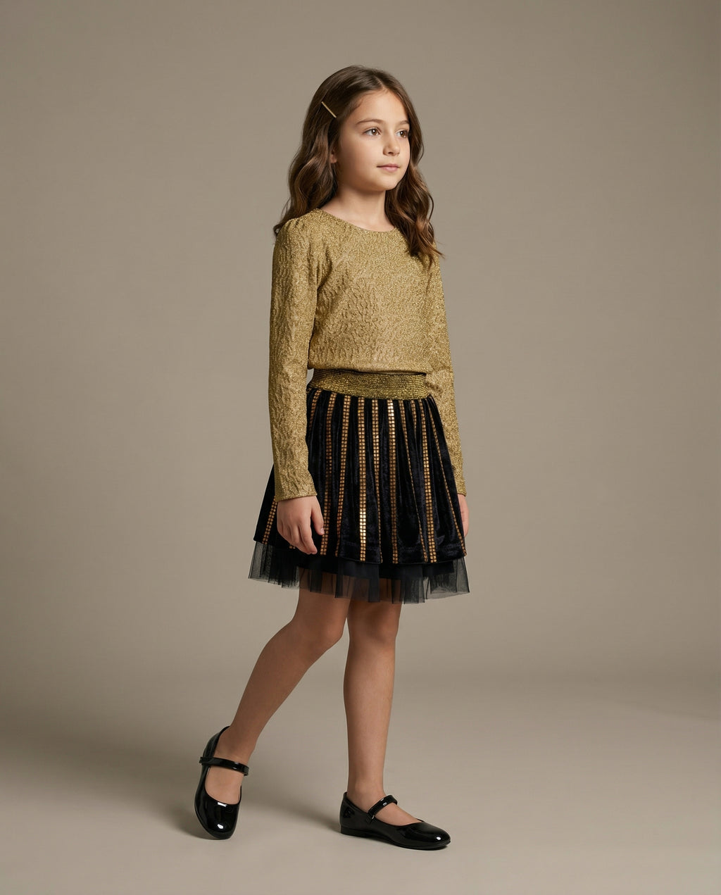 Gold Velvet Shine Skirt – Işıltılı Kadife & Yumuşak Tül Tasarım Özel Dikim Etek