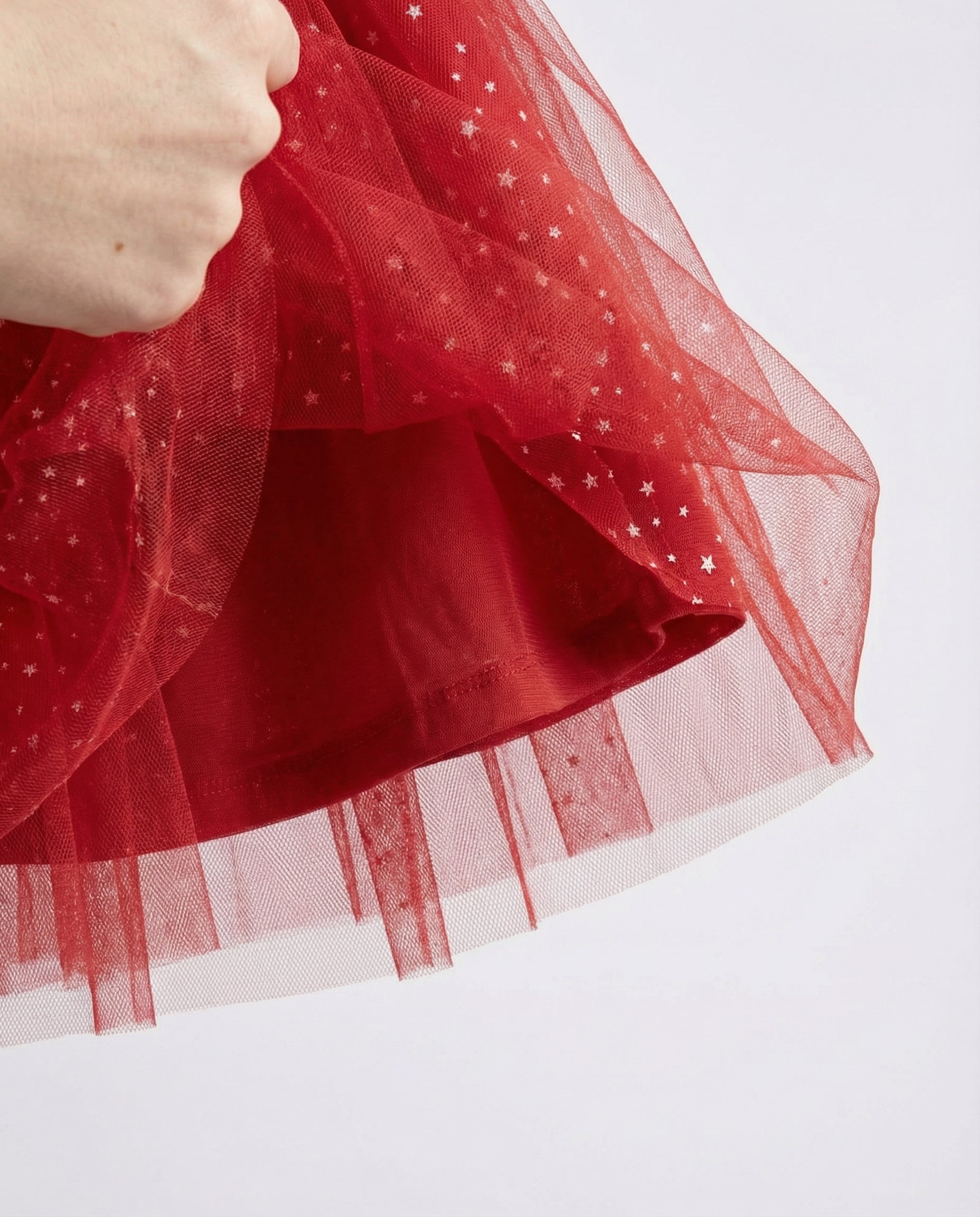 Yıldız Desenli Tüllü Özel Dikim Kırmızı Kız Çocuğu Eteği - Pamuk Astarlı
