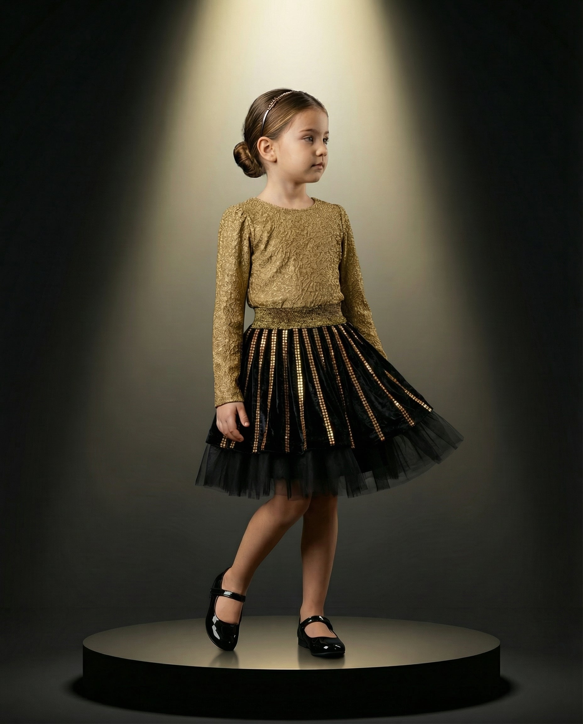 Gold Velvet Shine Skirt – Işıltılı Kadife & Yumuşak Tül Tasarım Özel Dikim Etek