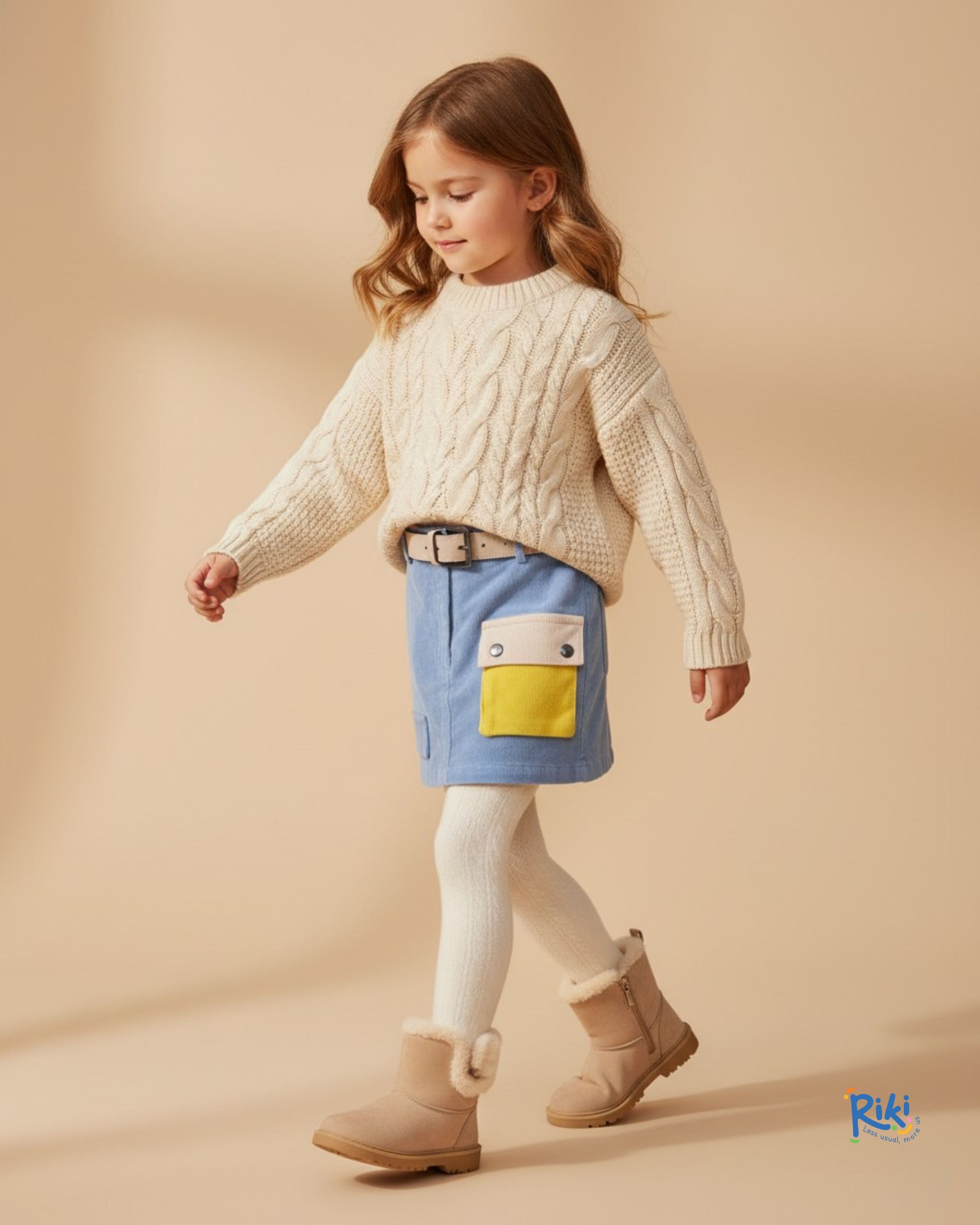 Fitilli Kadife Açık Mavi Kışlık Kız Çocuk Etek | Kontrast Cep Detaylı Basic Kesim