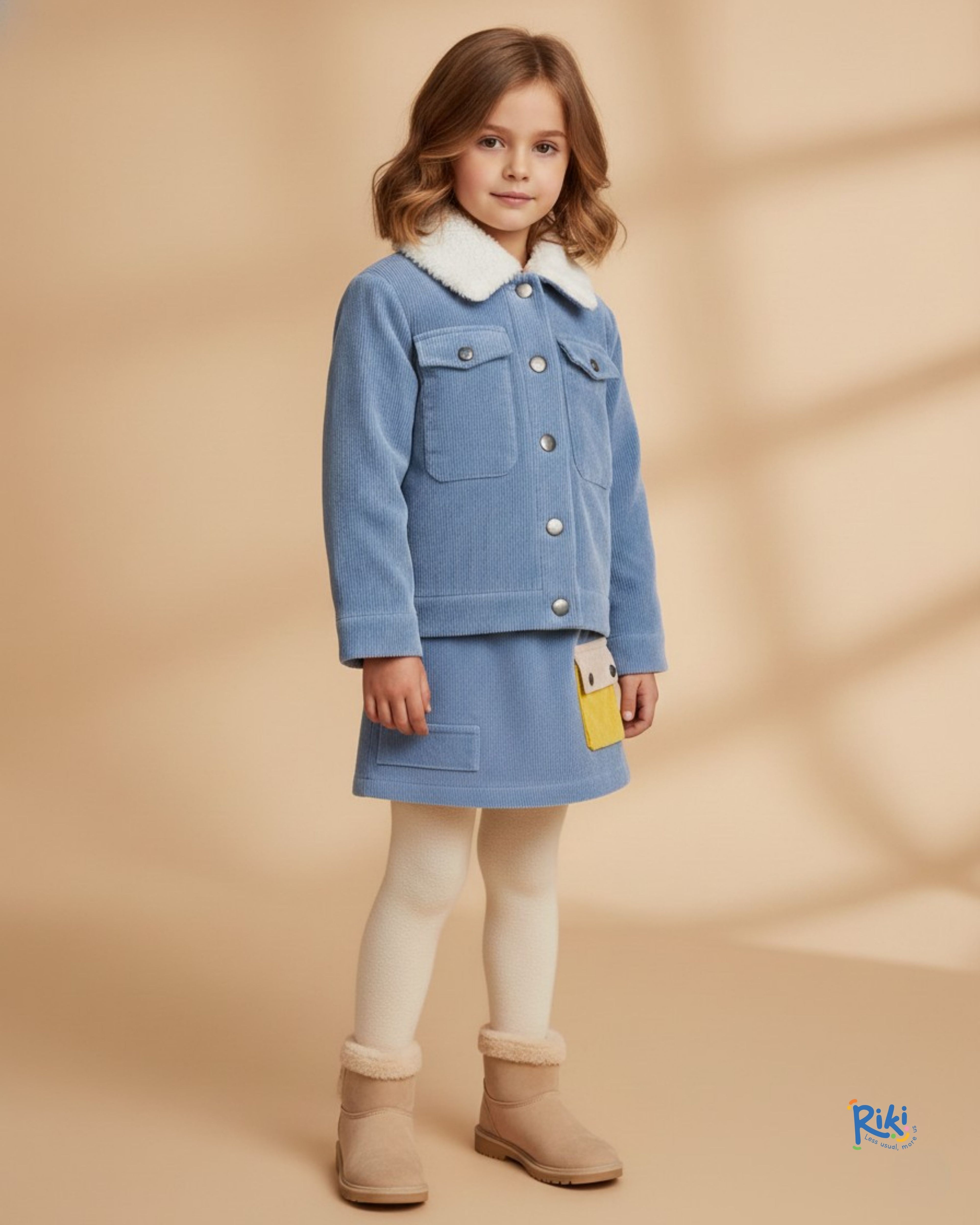 Fitilli Kadife Peluş Yaka Açık Mavi Kışlık Kız Çocuk Mont