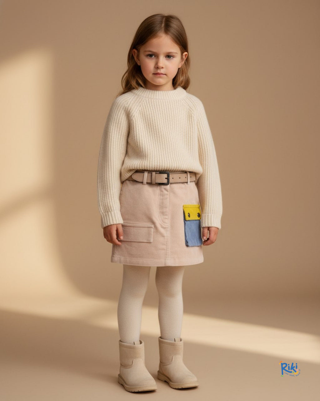 Fitilli Kadife Krem Kız Çocuk Etek | Kışlık Kombin Cep Detaylı