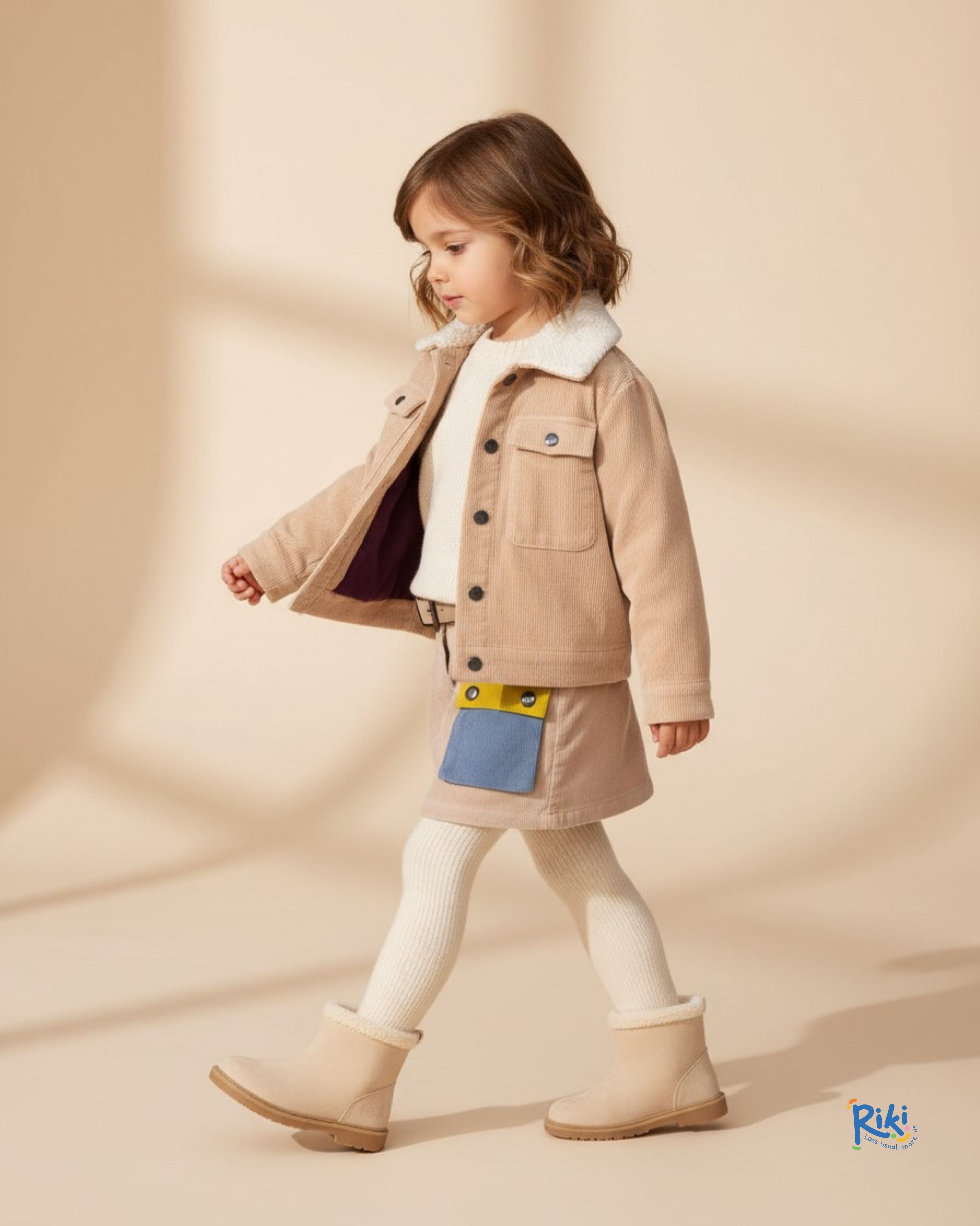 Fitilli Kadife Krem Kız Çocuk Etek | Kışlık Kombin Cep Detaylı